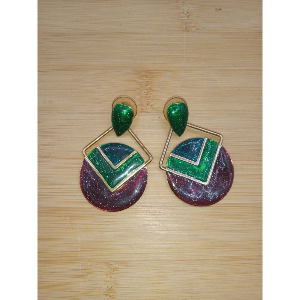 Vintage Glitter Earrings, Enamel, Purple, Green, 1980 Dangle Earrings
